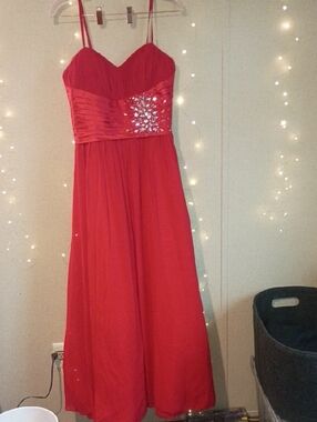 May Queen Red Spaghetti-Strap Prom Gown with Crystal Embellished Waist